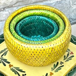 3 Blue Green Yellow Crate Barrel Bambu Double Wall Tall Nesting Bowls Bamboo